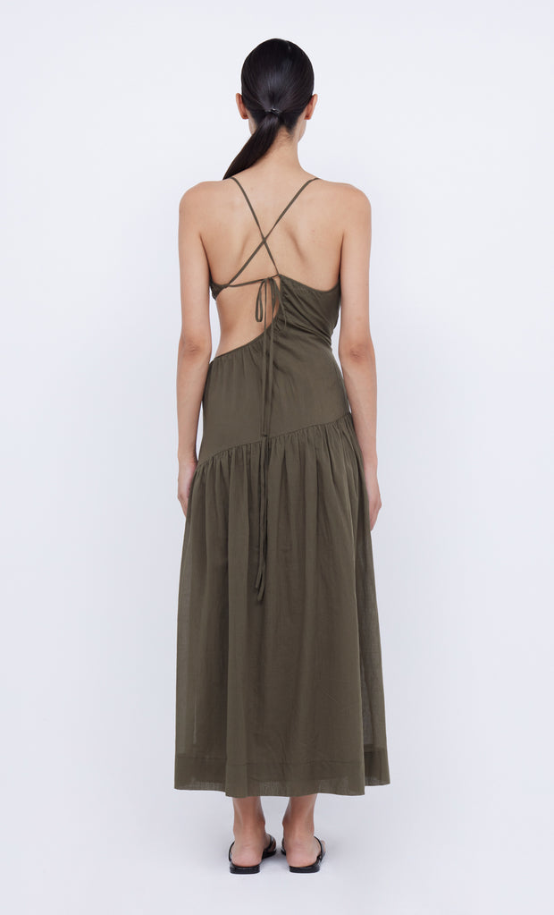 CALYPSO ASYM MAXI DRESS - OLIVE GREEN