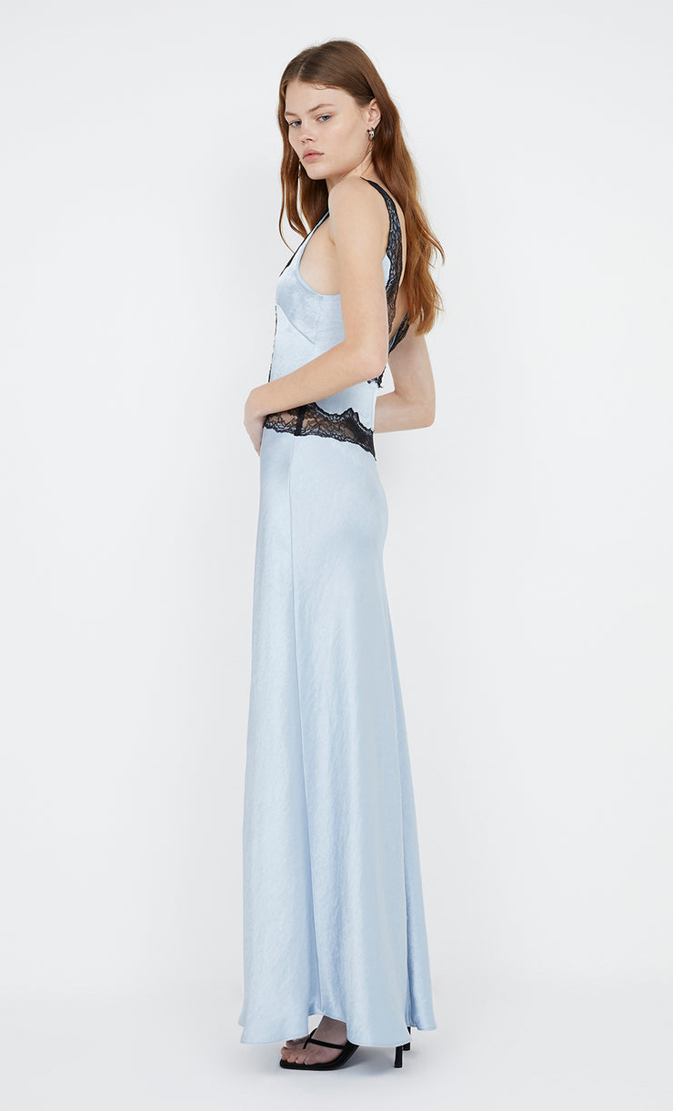 Allegra Lace Trim Dress in Dusty Blue with Black lace details by Bec + Bridge