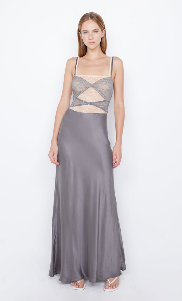 Amoras Cut Out Maxi Dress in grey peach lace by Bec + Bridge