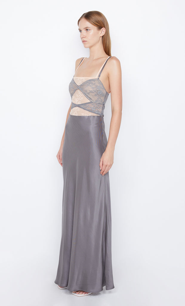 Amoras Cut Out Maxi Dress in grey peach lace by Bec + Bridge