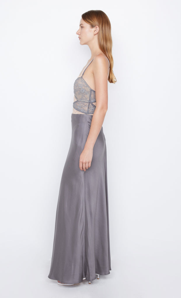 Amoras Cut Out Maxi Dress in grey peach lace by Bec + Bridge