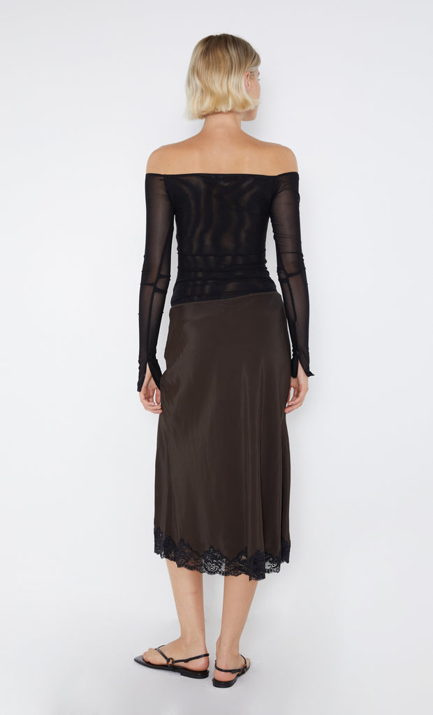 Deja Vous Slip Skirt in Chocolate with black lace trim by Bec + Bridge