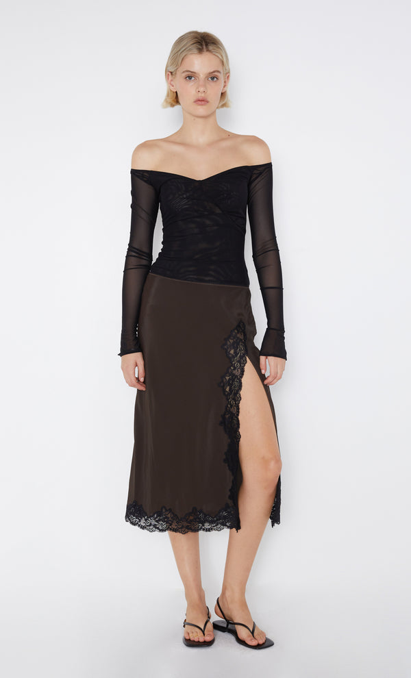 Deja Vous Slip Skirt in Chocolate with black lace trim by Bec + Bridge