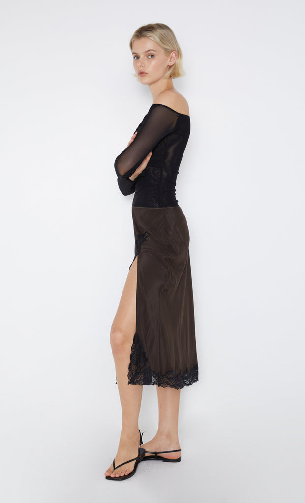 Deja Vous Slip Skirt in Chocolate with black lace trim by Bec + Bridge