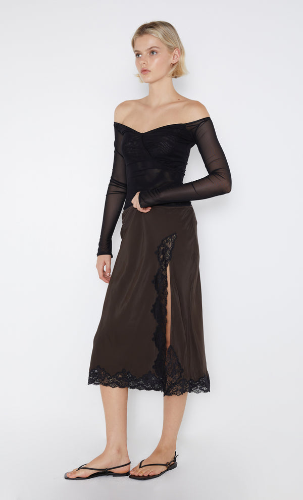 Deja Vous Slip Skirt in Chocolate with black lace trim by Bec + Bridge