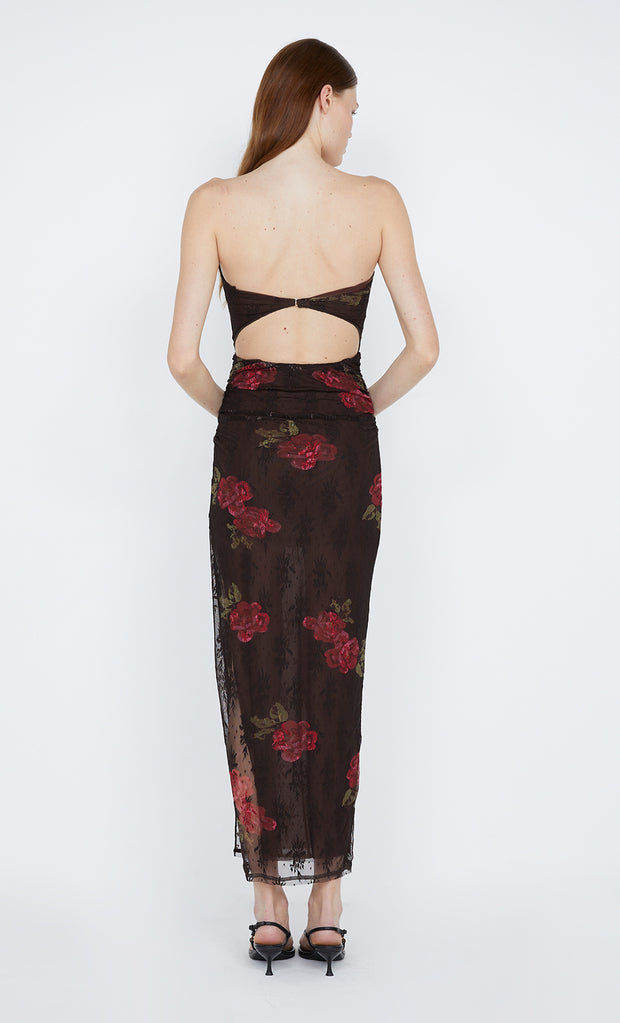 Desert Rose Strapless Dress in choc floral with cutout by Bec + Bridge