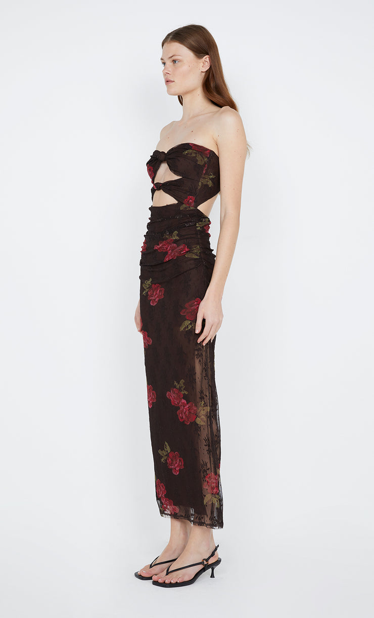 Desert Rose Strapless Dress in choc floral with cutout by Bec + Bridge
