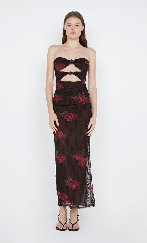 Desert Rose Strapless Dress in choc floral with cutout by Bec + Bridge