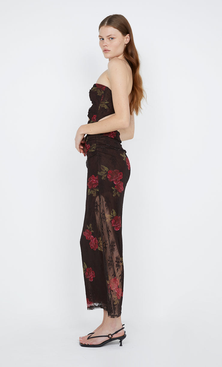 Desert Rose Strapless Dress in choc floral with cutout by Bec + Bridge
