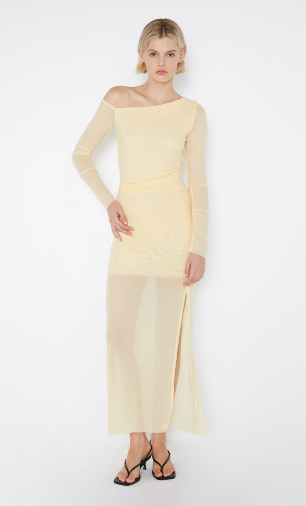 Butter Yellow mesh Fae Asym Long Sleeve Dress by Bec + Bridge