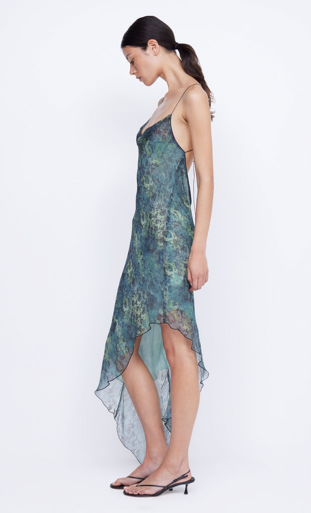 Florentine Asym Midi Dress in Nouveau Bleue print by Bec + Bridge