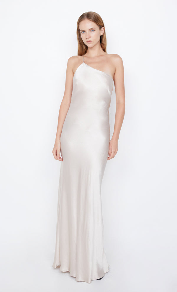 Margaux Asym One Shoulder Maxi Bridesmaid Dress Backless Detail in Sand by Bec + Bridge