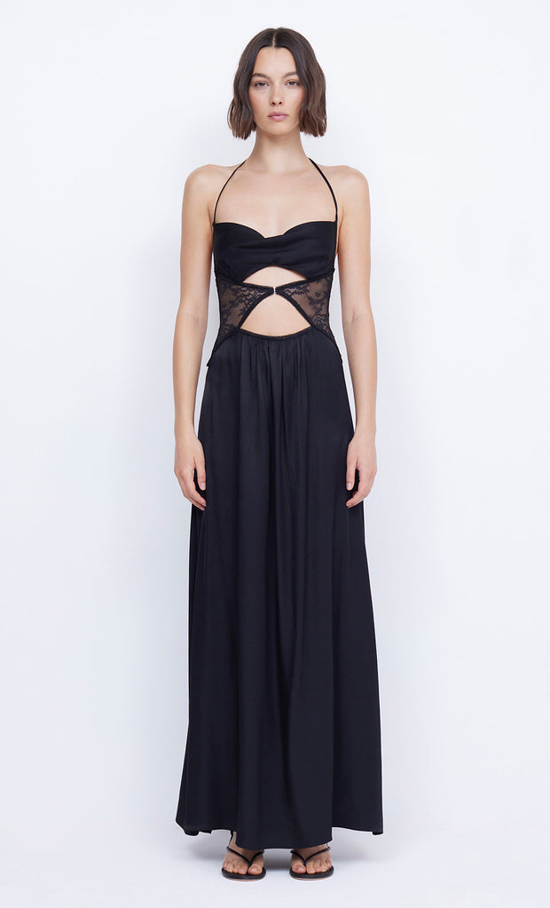 Santal Halter Lace Cutout Maxi Dress in Black by Bec + Bridge