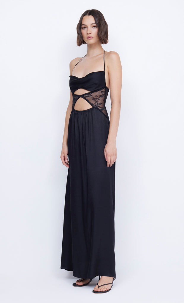 Santal Halter Lace Cutout Maxi Dress in Black by Bec + Bridge