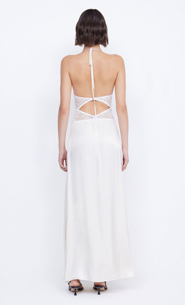 Santal Halter Lace Cutout Maxi Dress in Ivory White by Bec + Bridge