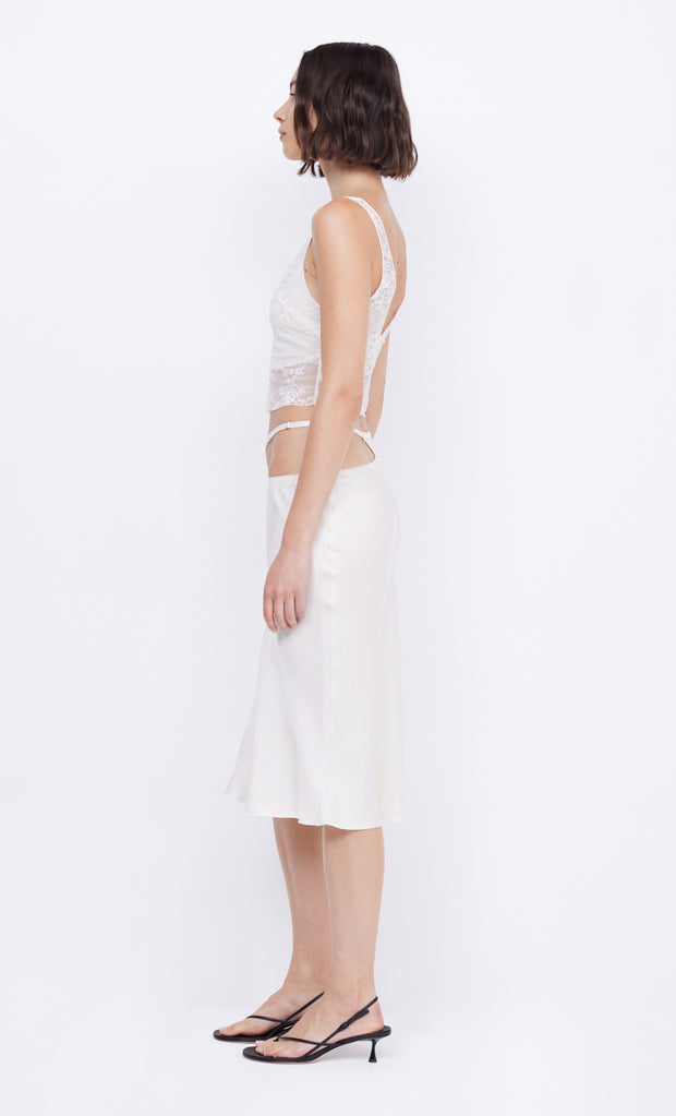 Santal Asym Midi Skirt Lace Detail in White by Bec + Bridge