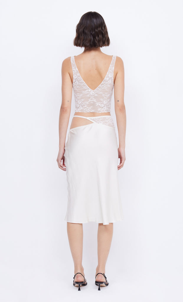 Santal Asym Midi Skirt Lace Detail in White by Bec + Bridge