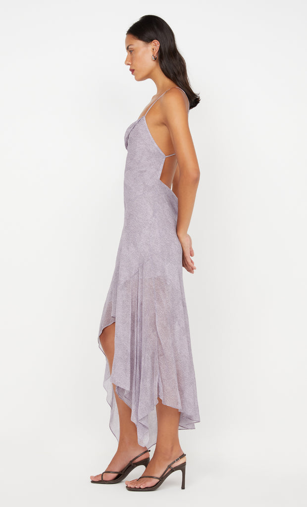 TALLIS ASYM DRESS - LILAC DENIM PRINT