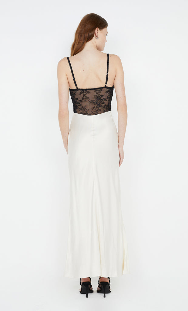 Tereza Keyhole Dress in Ivory with black lace by Bec + Bridge