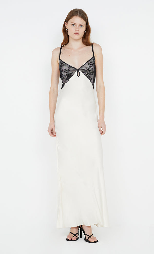 Tereza Keyhole Dress in Ivory with black lace by Bec + Bridge