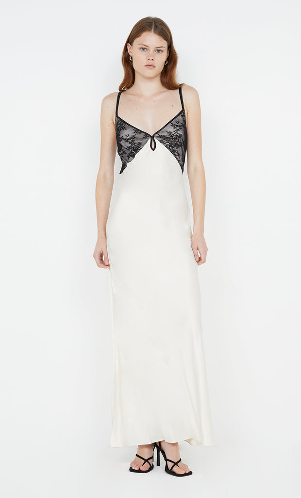 Tereza Keyhole Dress in Ivory with black lace by Bec + Bridge