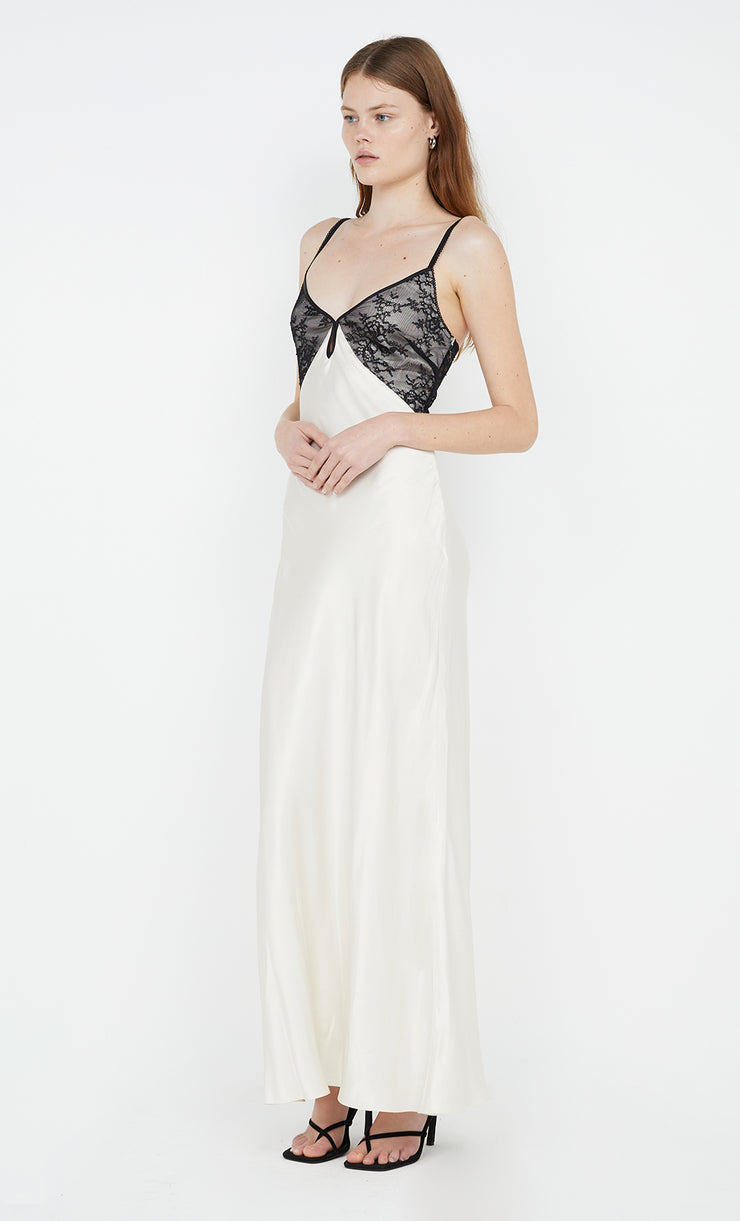 Tereza Keyhole Dress in Ivory with black lace by Bec + Bridge