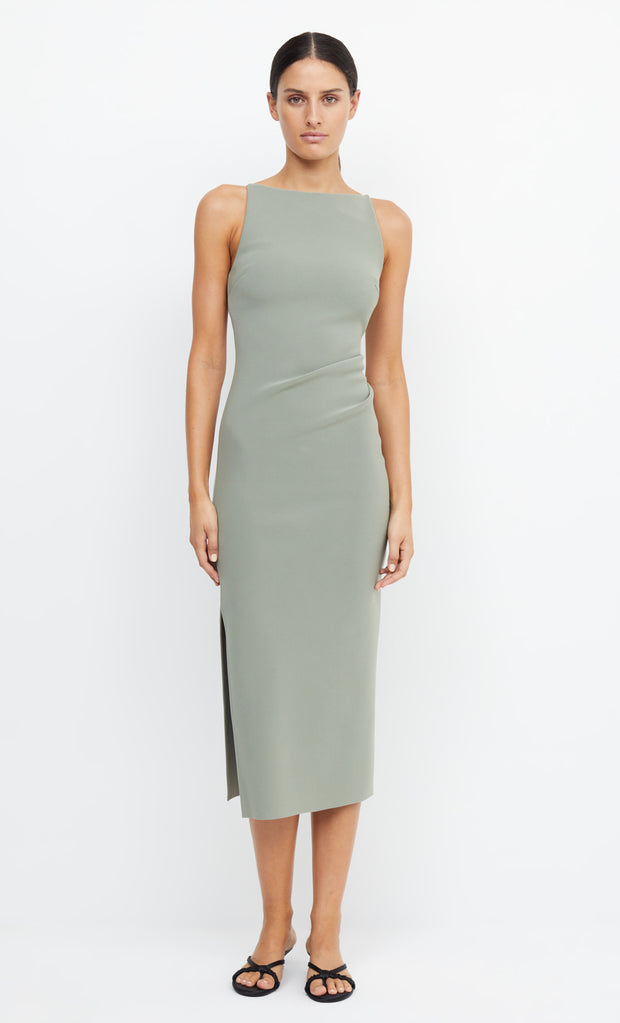 Be Mine High Neck Tuck Midi Bridesmaids Dress in Sage by Bec + Bridge