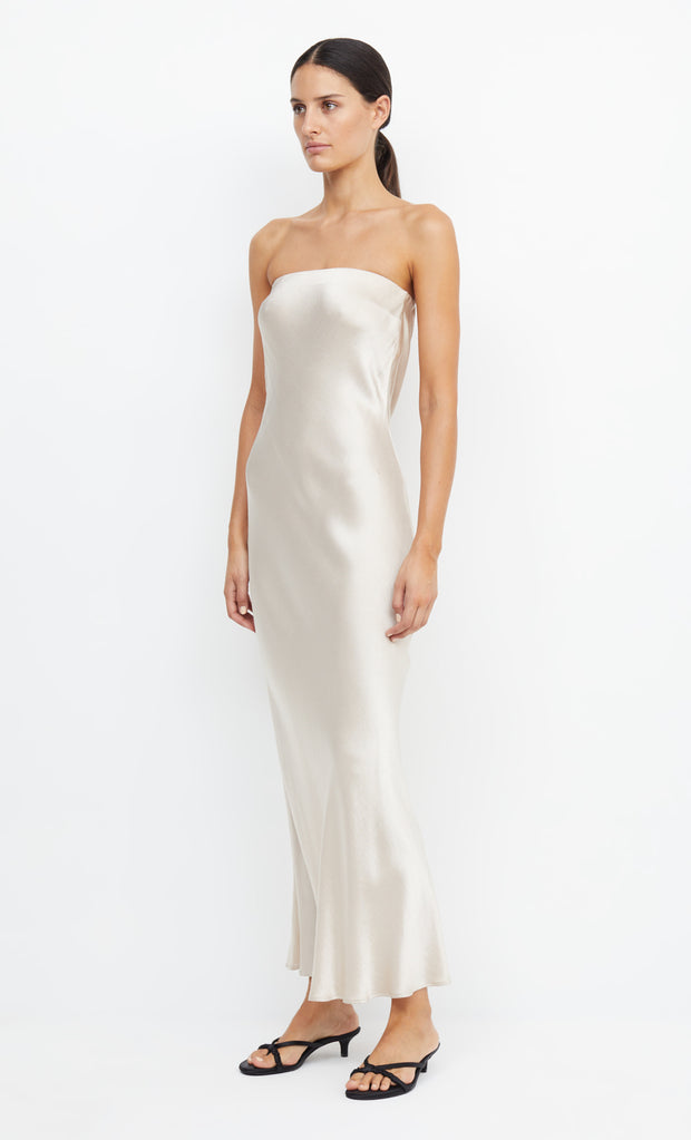 Moon Dance Strapless Bridesmaid Maxi Dress Cutout Back in Sand by Bec + Bridge