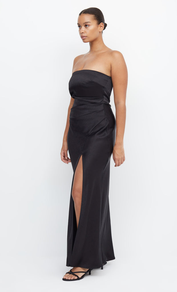 The Dreamer Strapless Bridesmaid Maxi Dress with Split in Black by Bec + Bridge